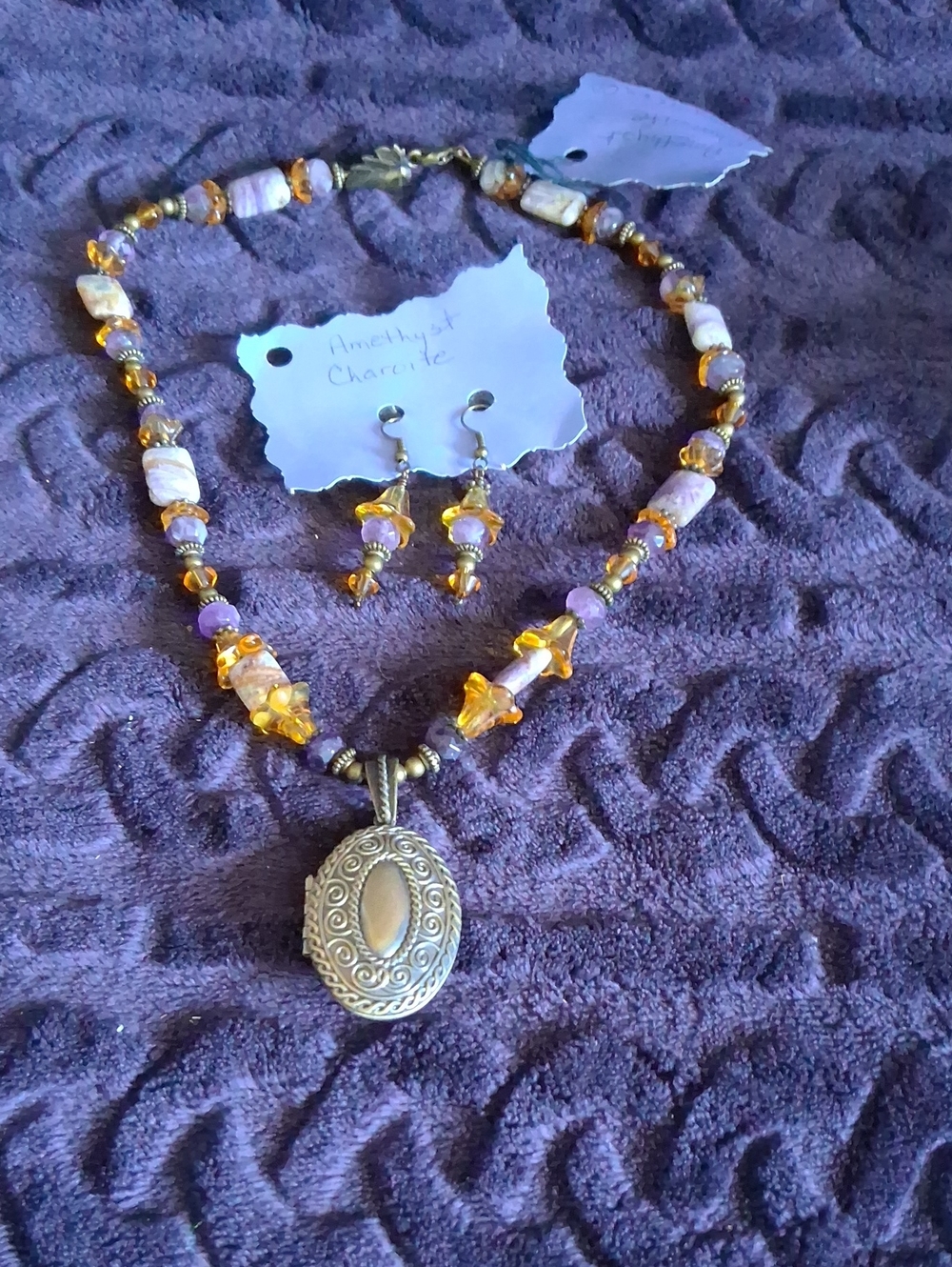Amethyst & Amber Beaded Pendant Necklace with Matching Earrings